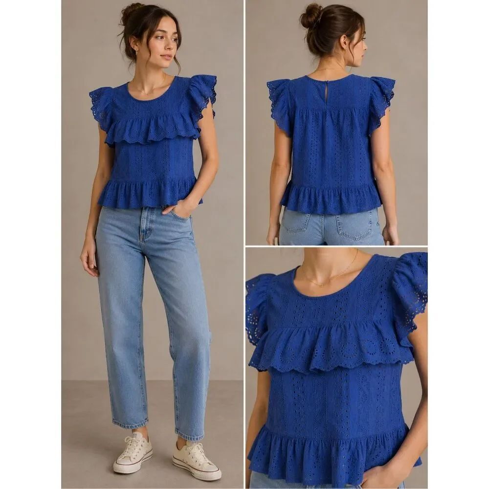 A’GACI Blue Eyelet Embroidered Ruffle Peplum Top Size S Boho Cottagecore Cotton